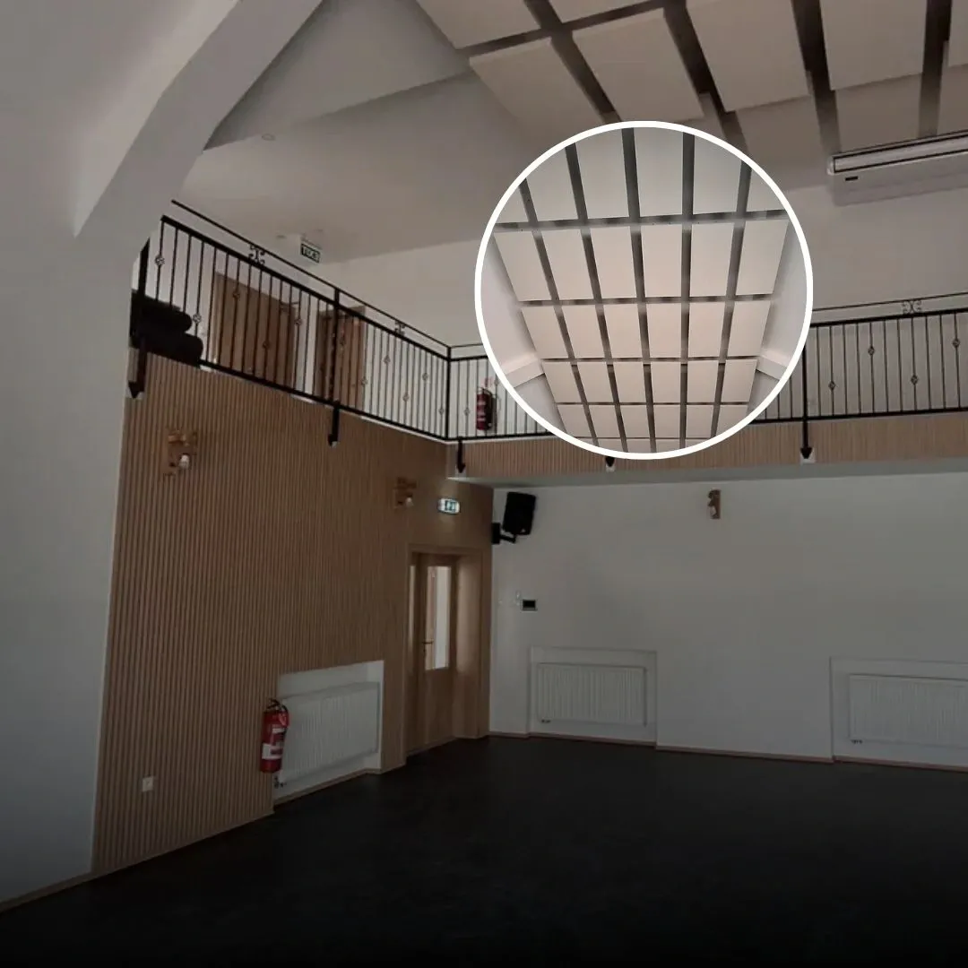 Echo Reduction in a Ballroom with Echo Cloud and Wood Slat Panels
