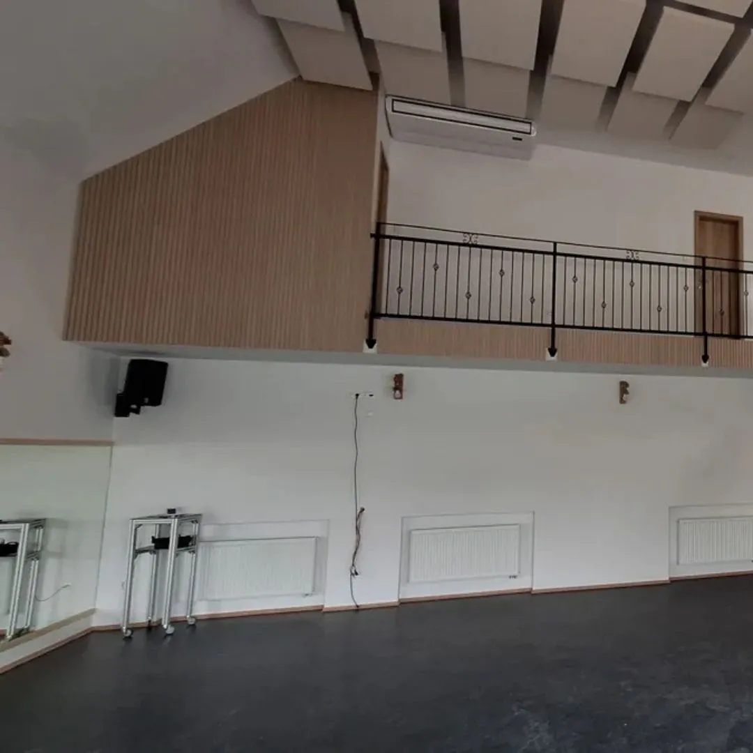 Echo Reduction in a Ballroom with Echo Cloud and Wood Slat Panels